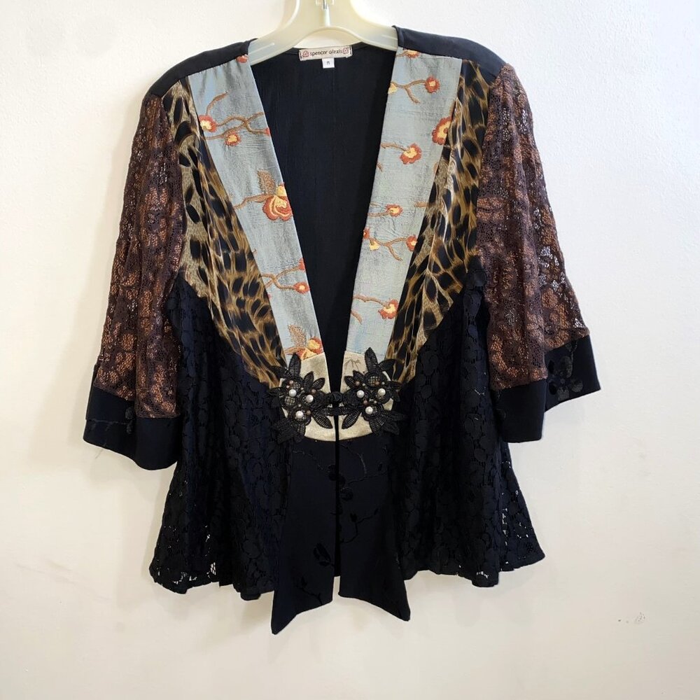 Spencer Alexis Black and Blue Floral Embroidered Patchwork Silk Kimono Blouse